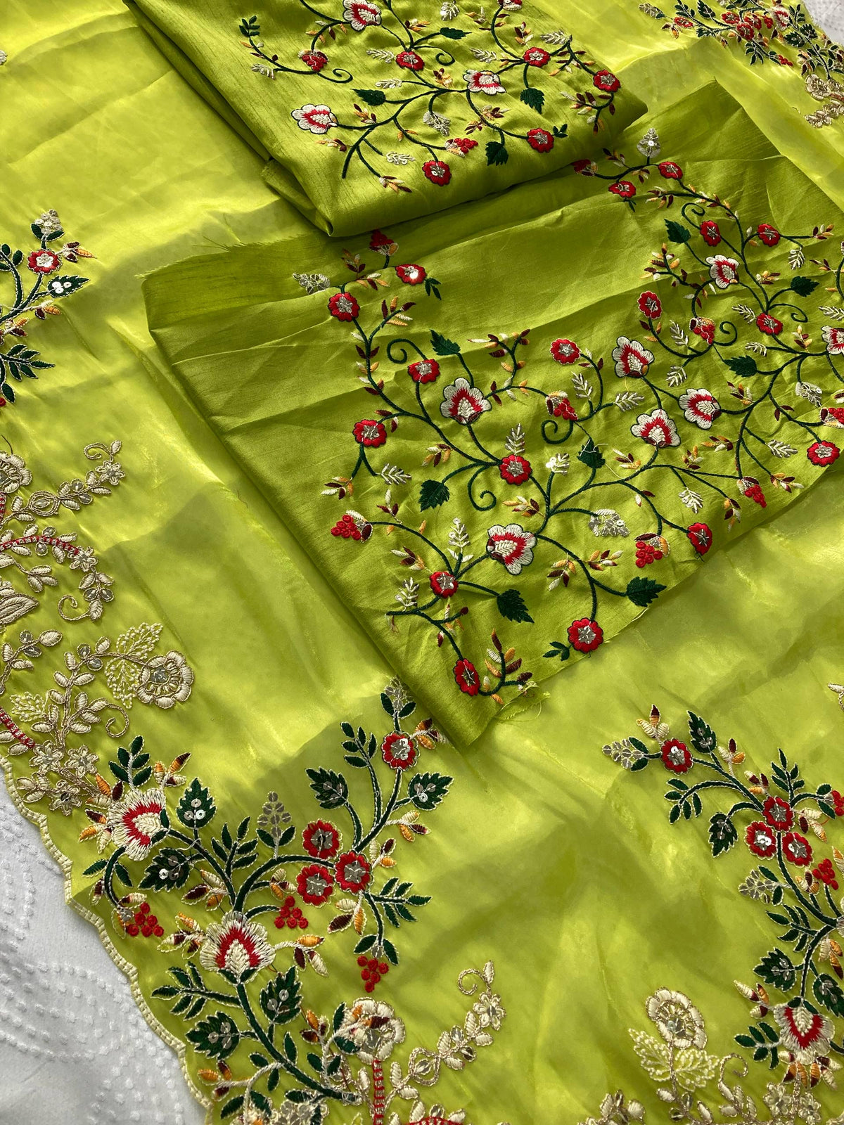 Zimmy Chu Silk Saree, Embroidered Butta, Cutwork Border, Wedding Designer Saree, Mono Banglory Blouse