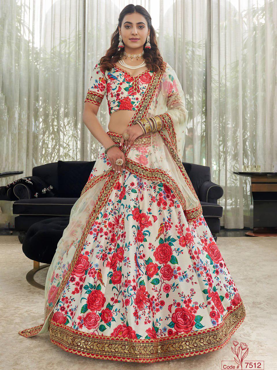 Ivory Floral Art Silk Lehenga Choli with Net Dupatta, Dori Zari Sequins Embroidery