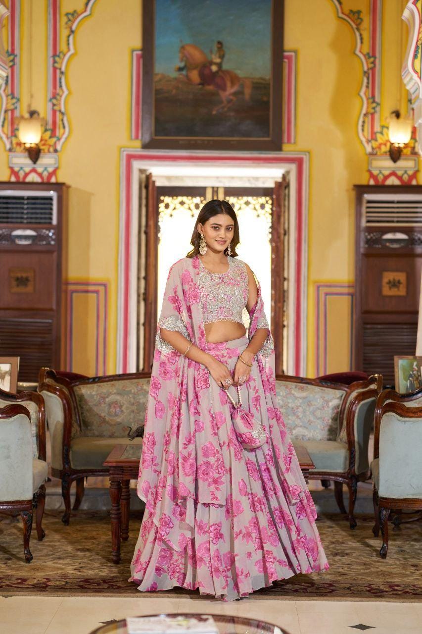 Embroidered Georgette Lehenga Choli Set with Cape Dupatta & Batwa Bag