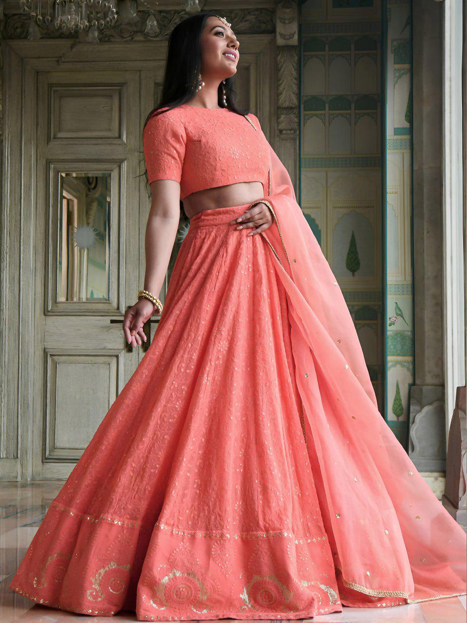 Peach Georgette Lehenga Choli Set | Thread Sequins Embroidered | Semi-Stitched Wedding Outfit