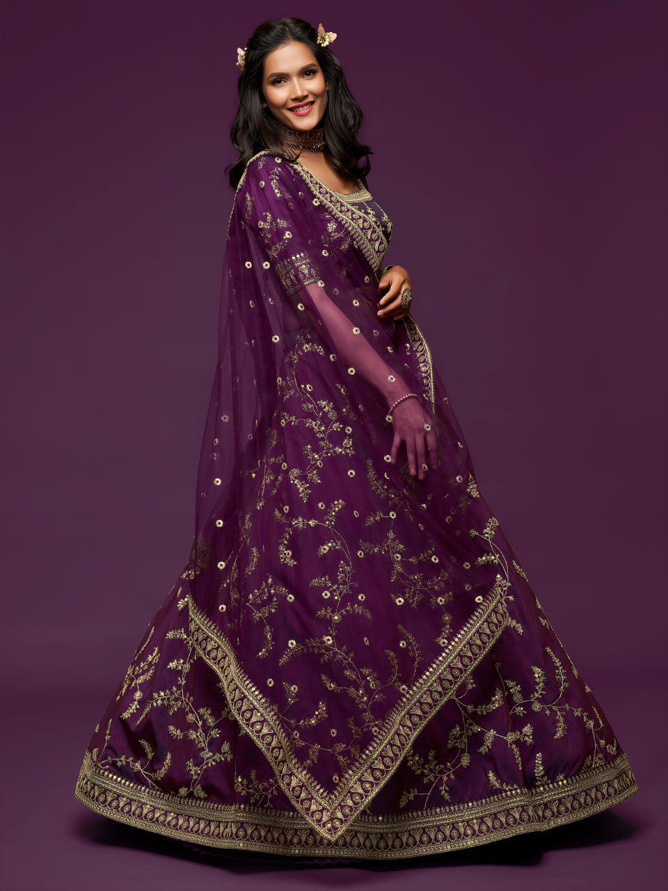 Royal Purple Art Silk Lehenga Choli Set | Zari Dori Sequins Embroidery Wedding Ensemble