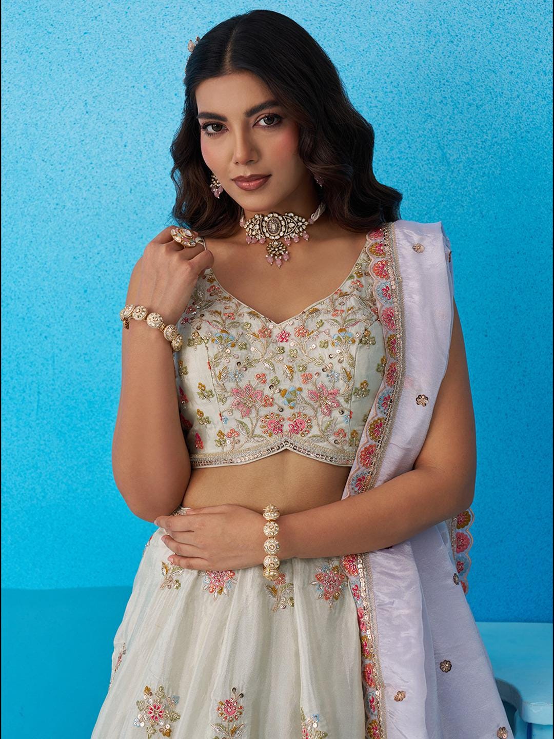 Peach Tissue Lehenga Choli, Zari Embroidery, Sky Dupatta, Wedding Party Wear