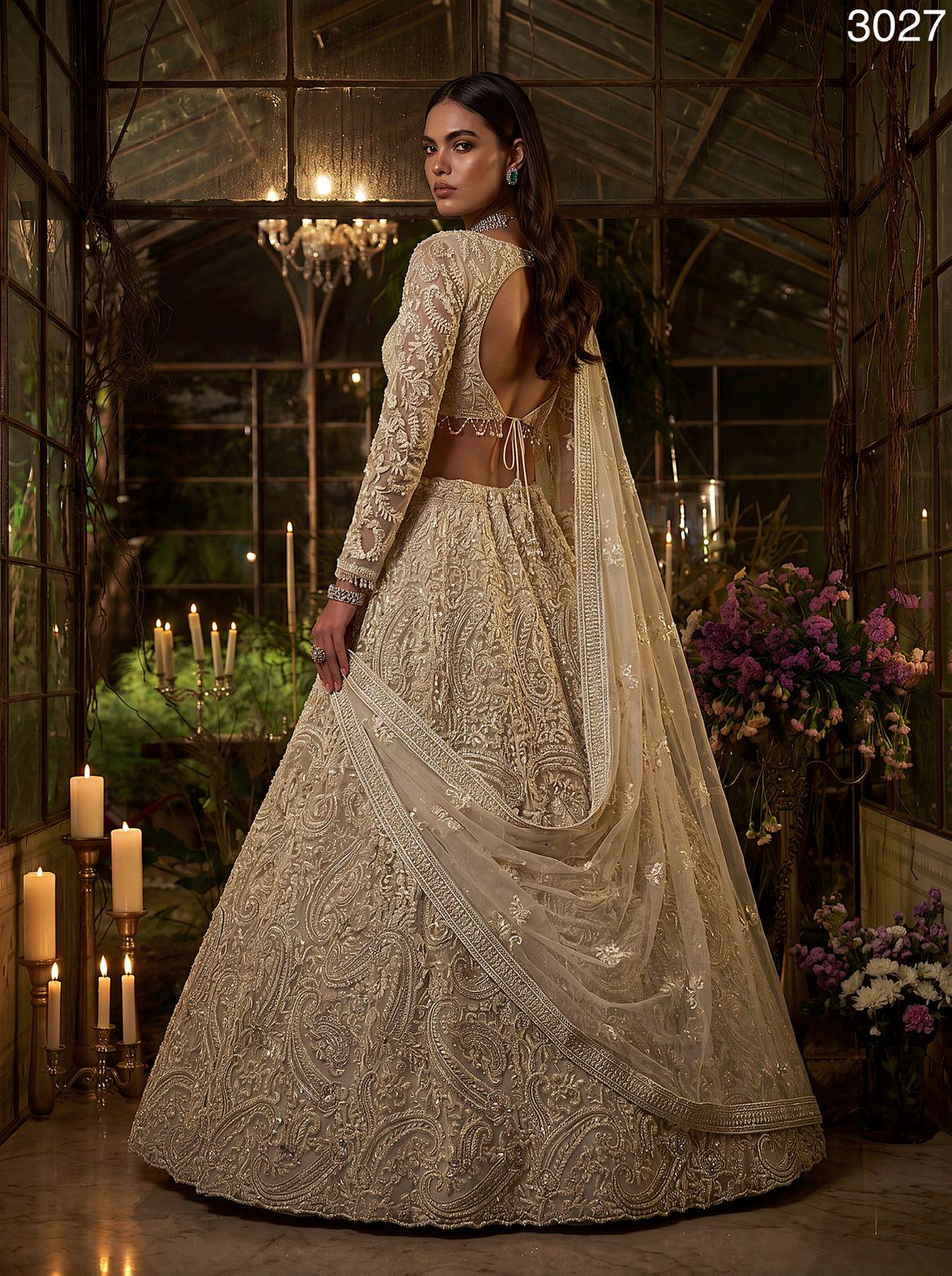 Heavy Net Bridal Lehenga Choli, Paisley Pearl Sequin Work, 5 Meter Flare Couture Set