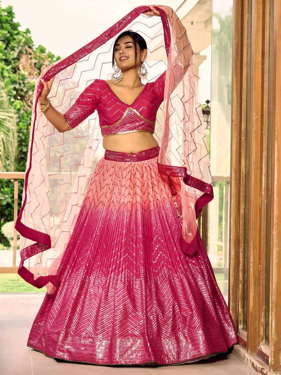 Pink Chinnon Lehenga Choli Set | Sequin Embroidered Wedding A-Line Lehenga, Soft Net Dupatta