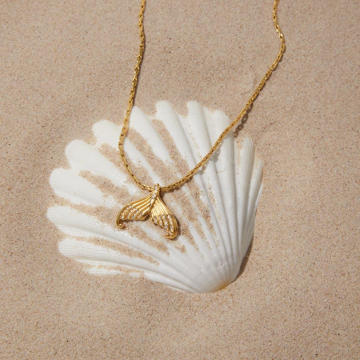 Gold Mermaid Tail Pendant Necklace, Ocean Inspired, Waterproof Stainless Steel, Beach Jewelry