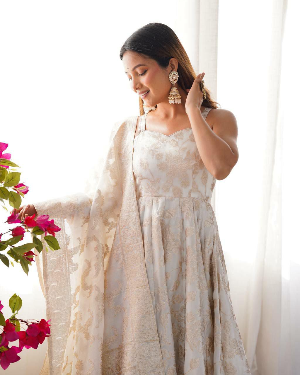 Vichitra Silk Embroidered Gown with Dupatta, Festive Party Wear Ethnic Dress