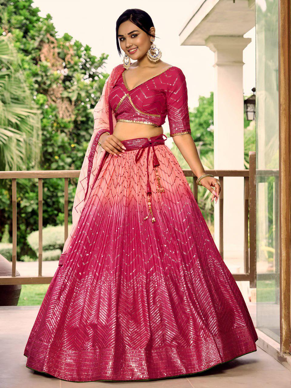 Pink Chinnon Lehenga Choli Set | Sequin Embroidered Wedding A-Line Lehenga, Soft Net Dupatta
