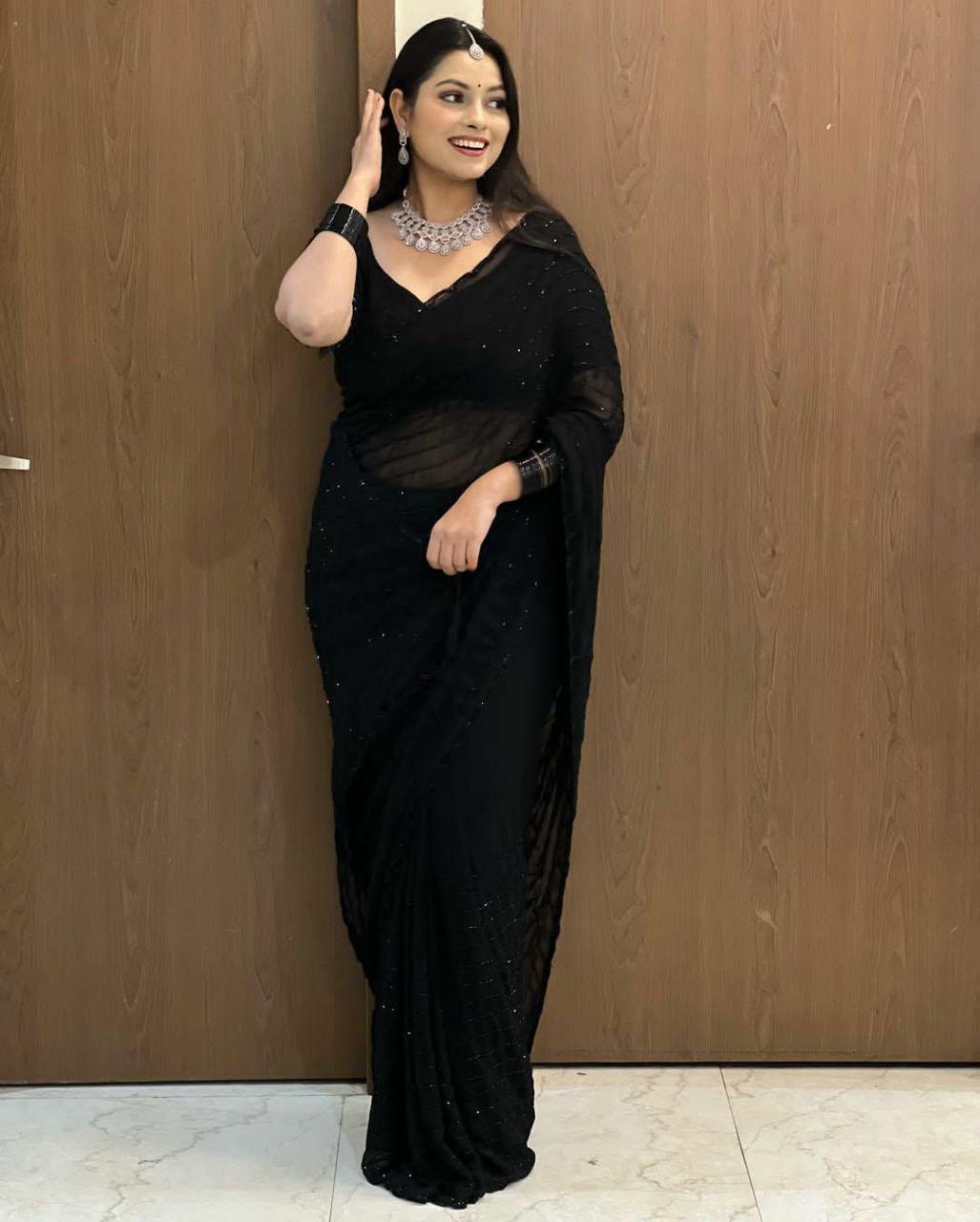 Black Crepe Saree, Printed Design, Party Wear, Festive Occasion, Unstitched Blouse