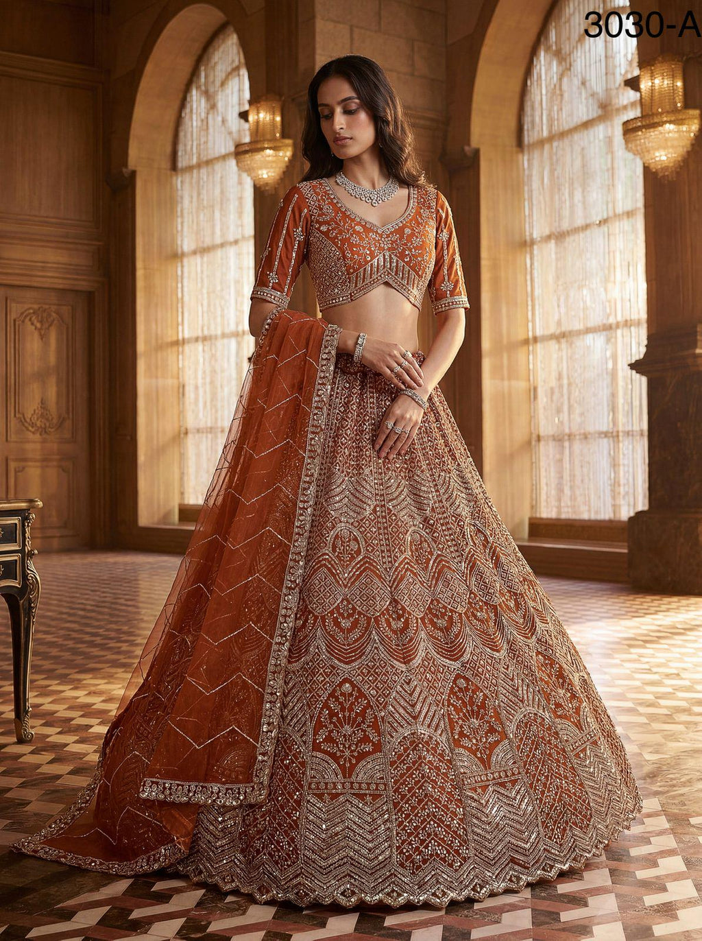 Designer Bridal Net Lehenga Choli, Crystal Sequin Motif Work, Wedding Wear Set