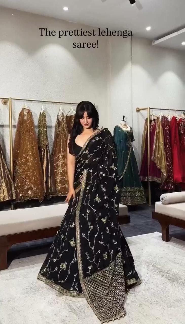 Faux Georgette Lehenga Saree | Sequins Embroidered Blouse, Lace Border Dupatta (Ready-to-Wear)