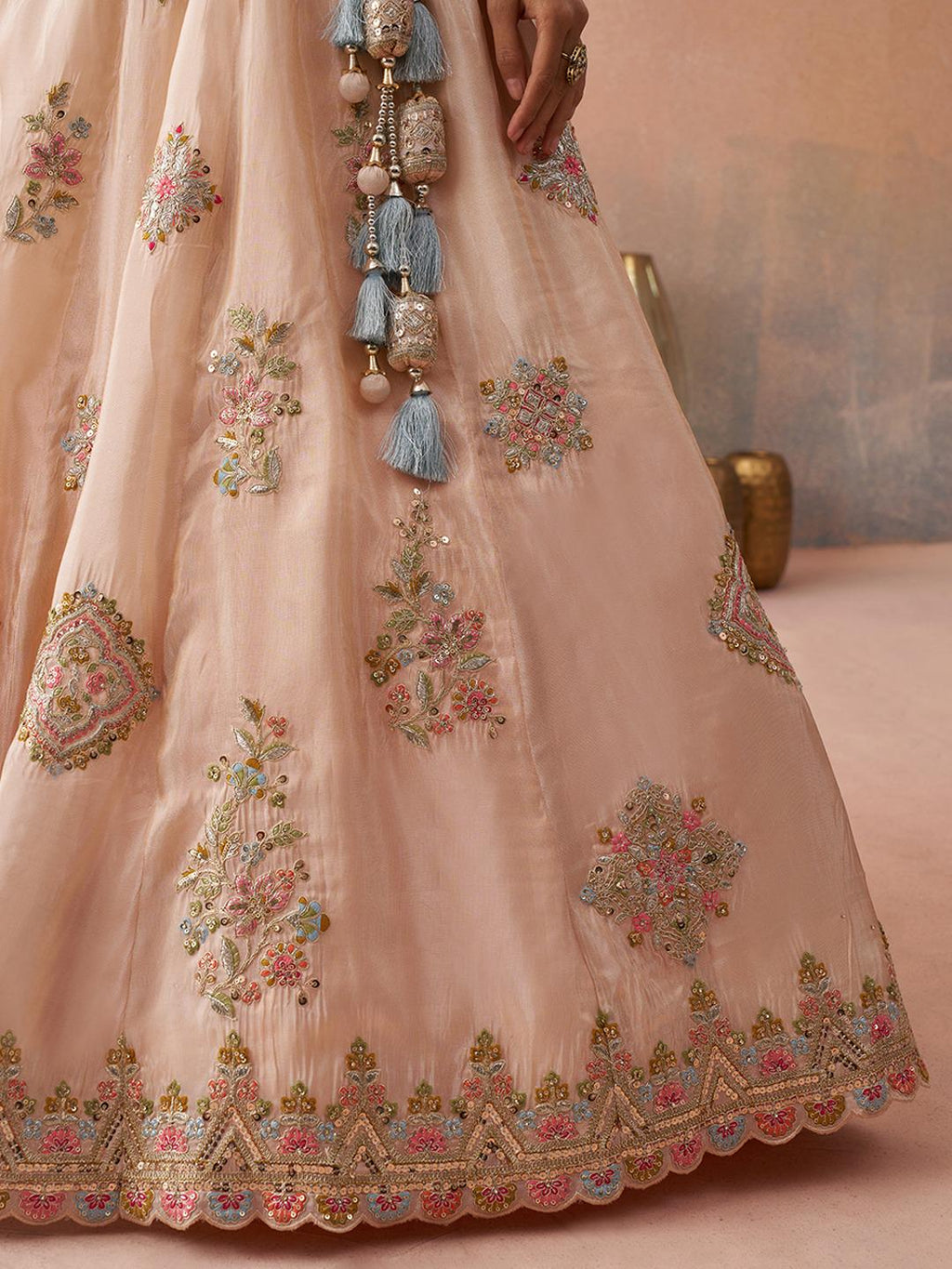 Peach Tissue Lehenga Choli, Zari Embroidery, Sky Dupatta, Wedding Party Wear