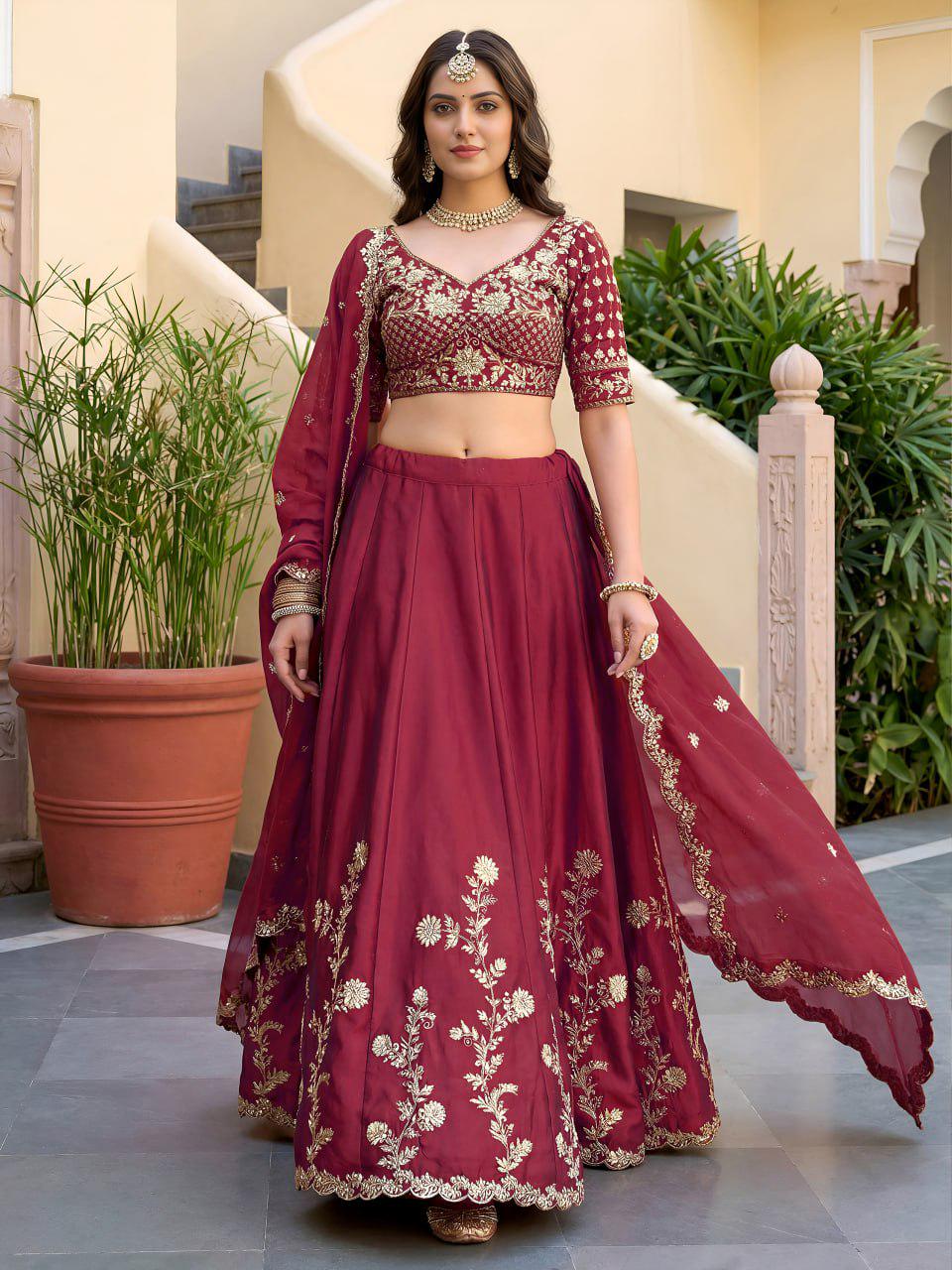 Maroon Rangoli Silk Lehenga Choli Set | Zari Dori Sequins Embroidery, Semi-Stitched Wedding Outfit