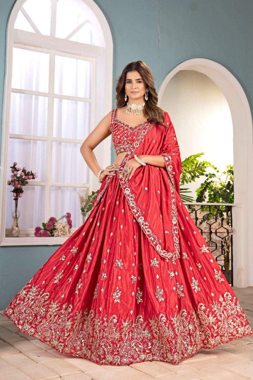 Chinon Lehenga Choli | Sequins, Coding Embroidery, 3.5M Flair Bridal Set