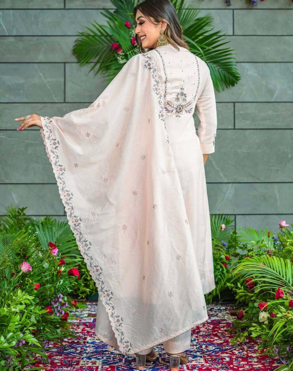 Embroidered Muslin Cotton Kurta Set with Dupatta, Flared Indian Ethnic Wear