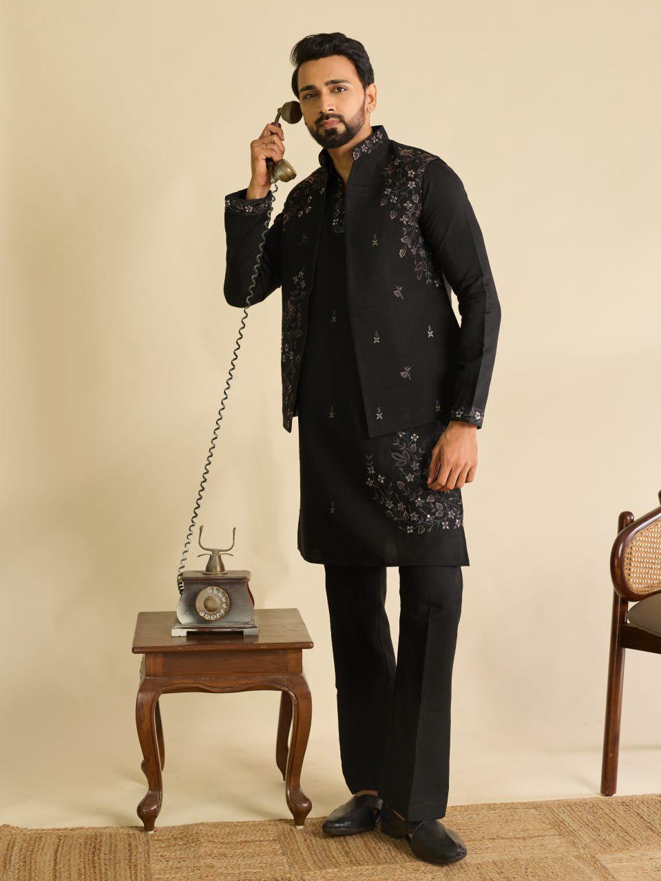 Art Silk Kurta Koti Pant Set | Mirror Work Embroidery Festive Wear