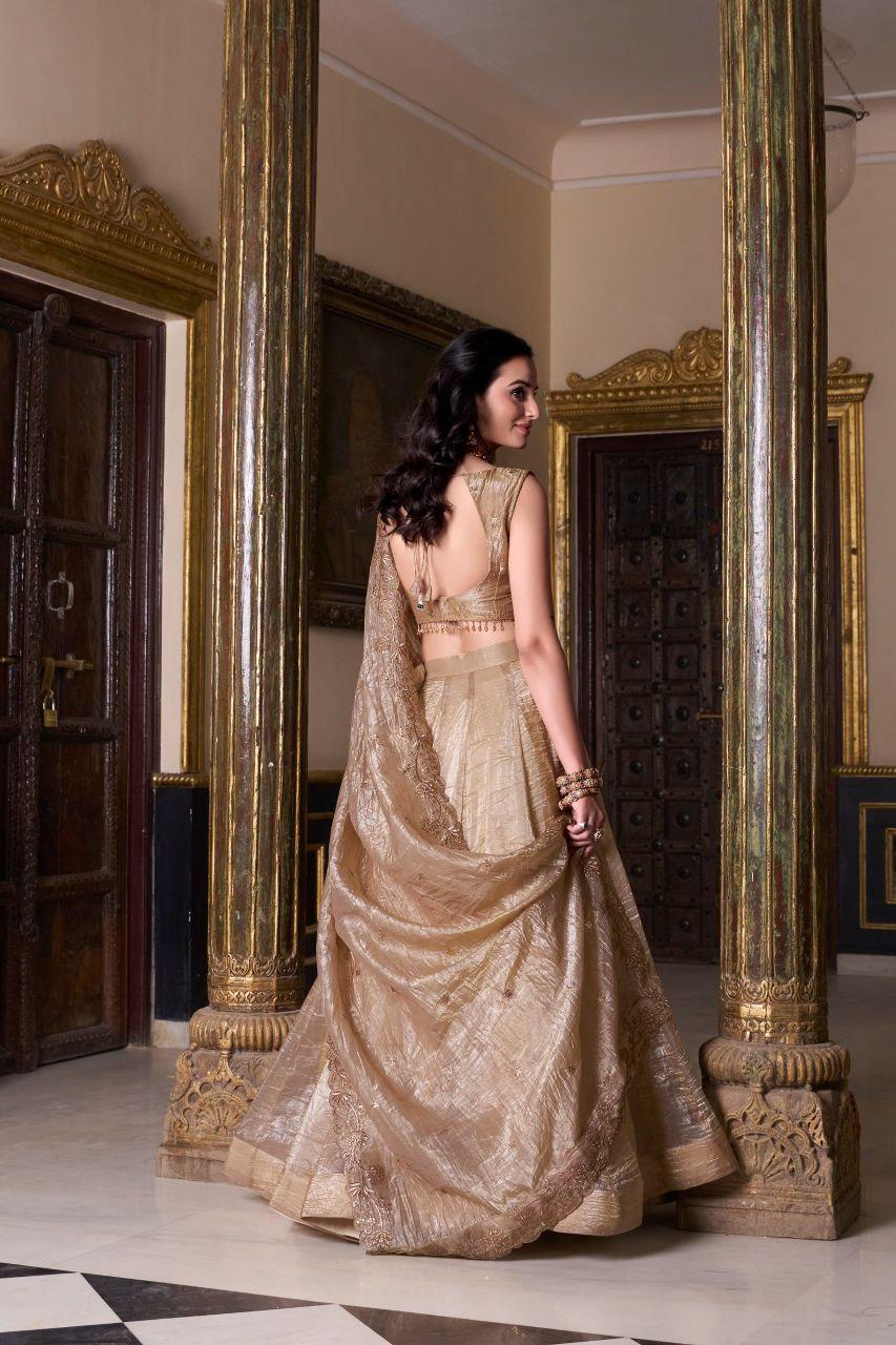 Gold Crush Lehenga Choli Set, Sequins Embroidered Blouse, 5 Meter Flare Wedding Lehenga