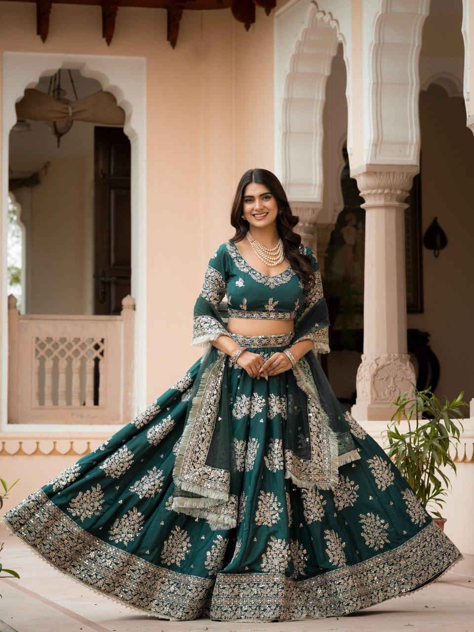 French Crepe Lehenga Choli, Zari Sequin Embroidery, Semi-Stitched Indian Party Wear Set