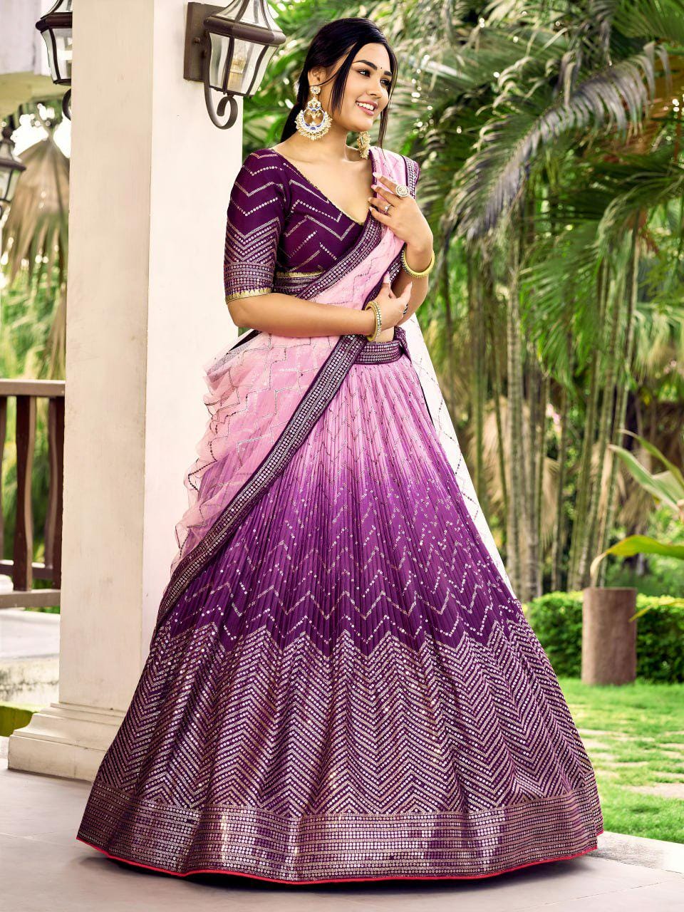 Purple Chinnon Lehenga Choli Set | Thread Sequin Embroidered Wedding A-Line Lehenga, Net Dupatta