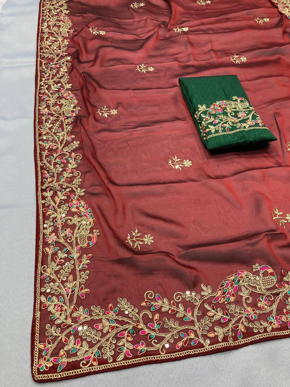 Soft Rangoli Silk Saree, Embroidered C-Pallu, Piping Border, Wedding Party Wear