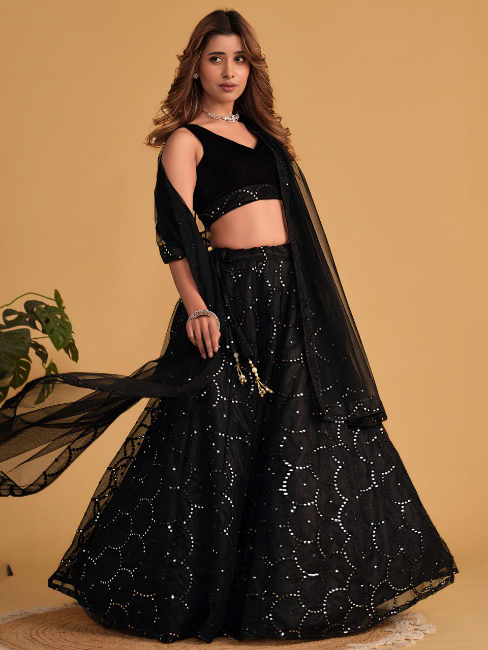 Black Organza Net Lehenga Choli Set | Velvet Sequin Embroidered Blouse, Dupatta