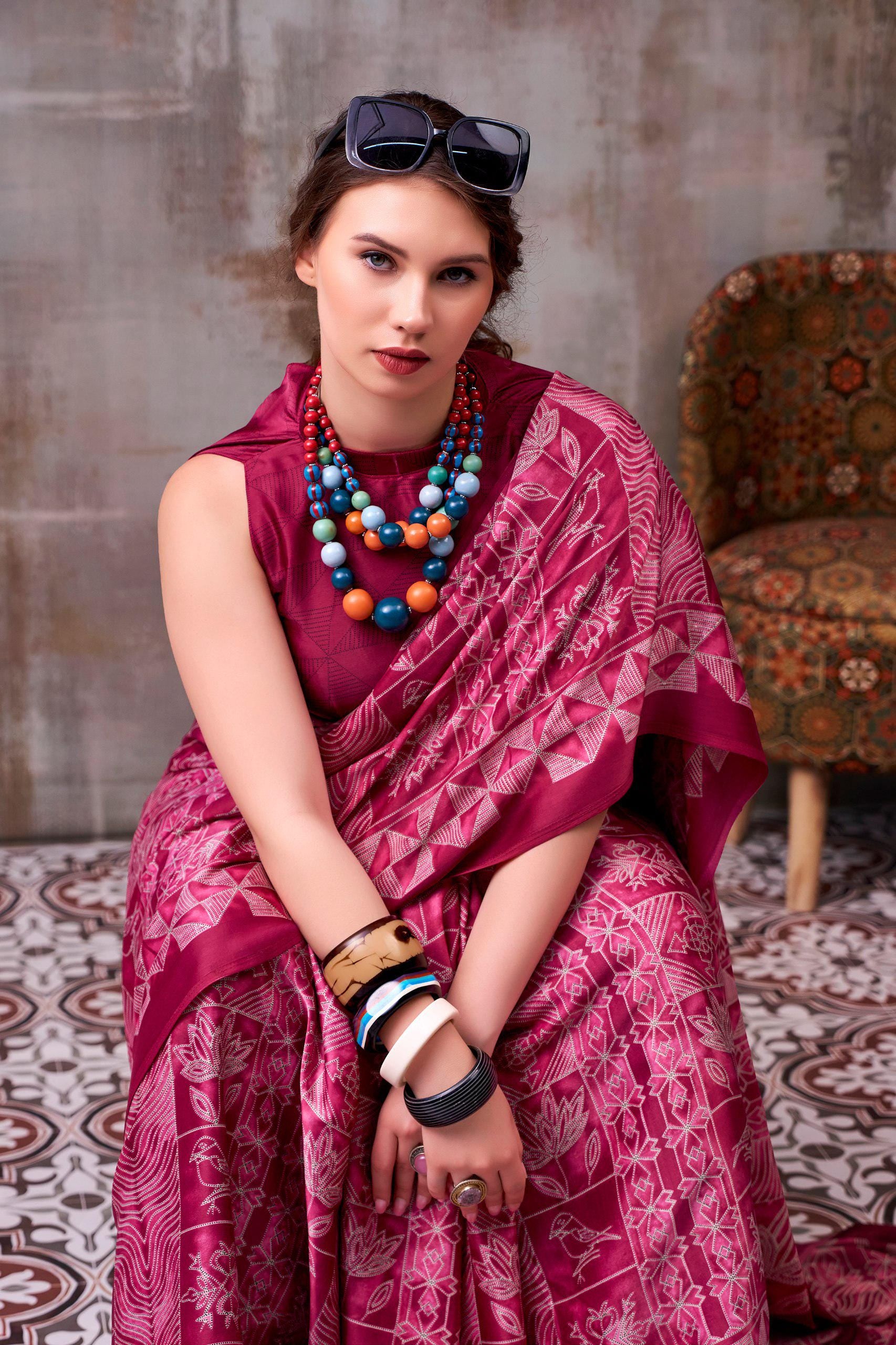 Satin Silk Printed Saree with Unstitched Blouse, Elegant Indian Festive Wear