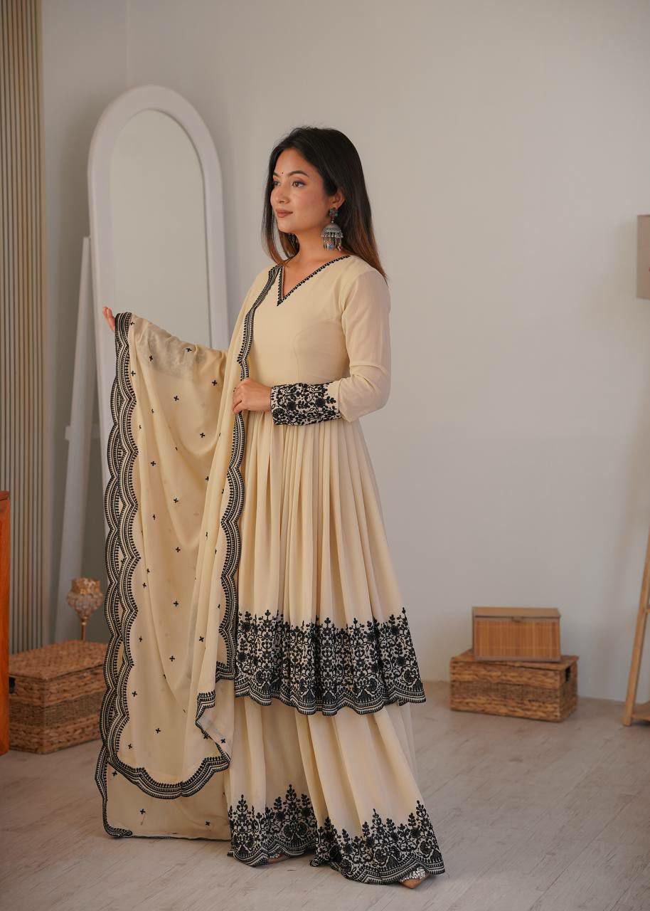 Embroidered Faux Georgette Kurta Set with Palazzo and Dupatta, Festive Indian Ethnic Wear