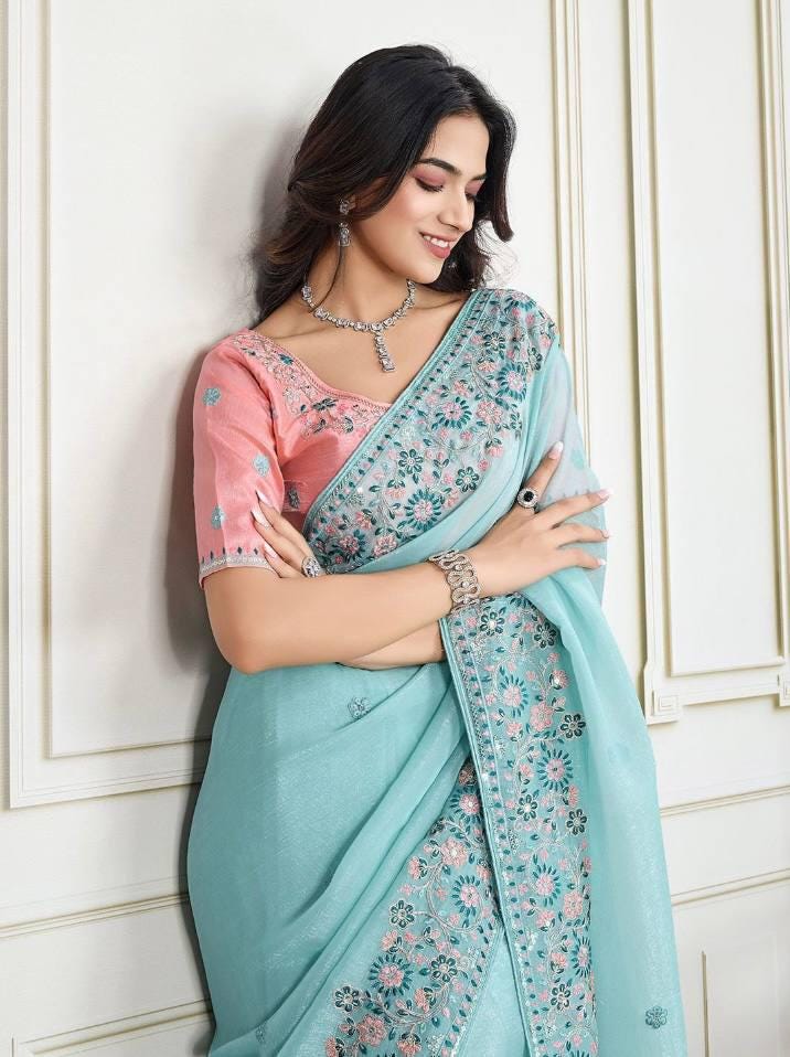 Crunchy Silk Saree, C-Pallu Embroidery, Cutwork Border, Heavy Blouse Piece