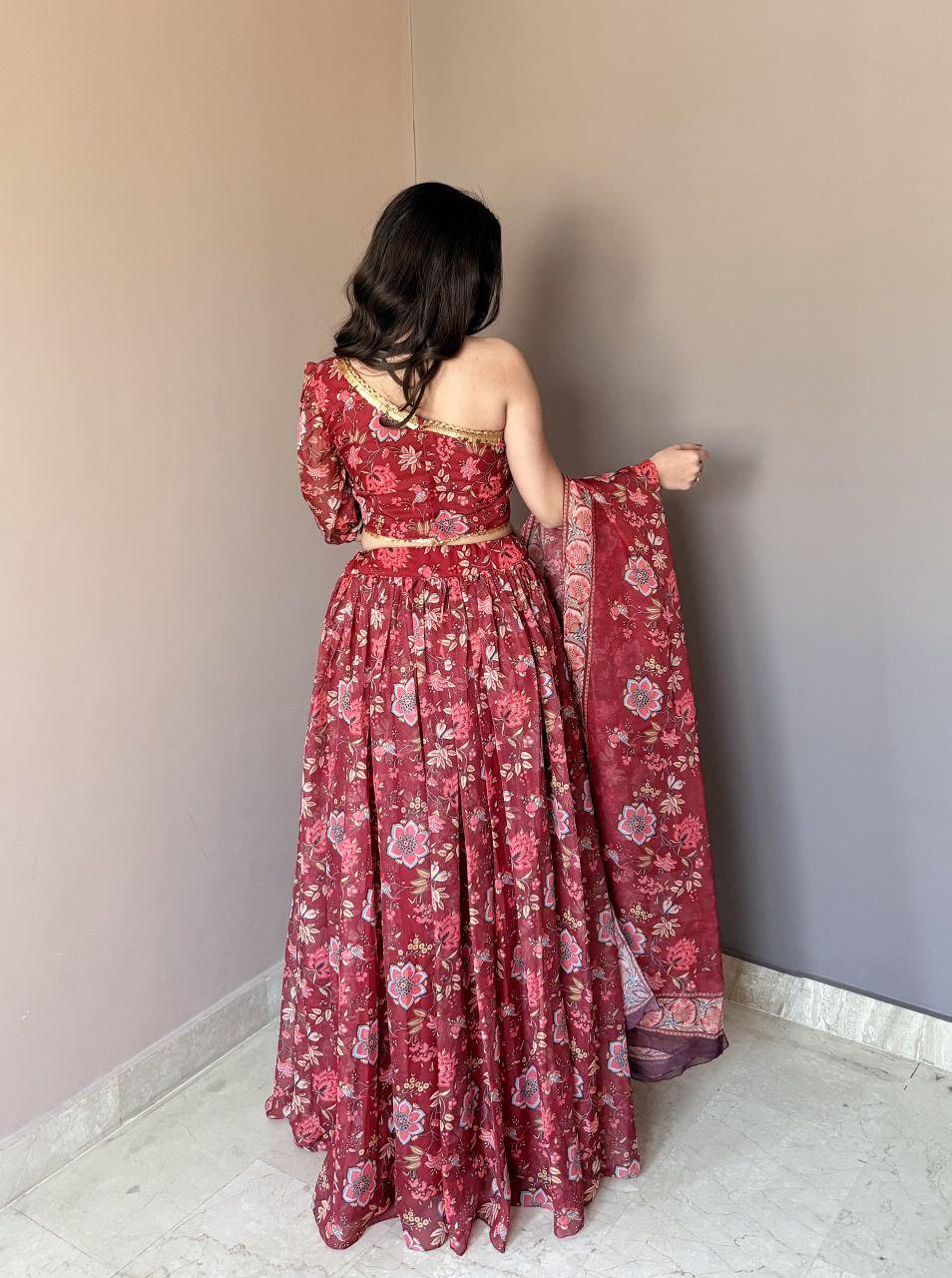 One Shoulder Floral Print Lehenga Choli Set | Ready-to-Wear Festive Wedding Outfit