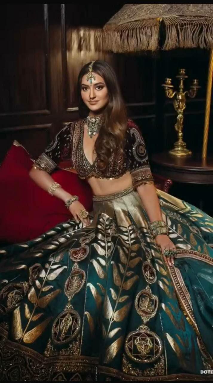 Japan Satin Silk Lehenga Choli, Velvet Blouse, Sequins Embroidery Bridal Wedding Set