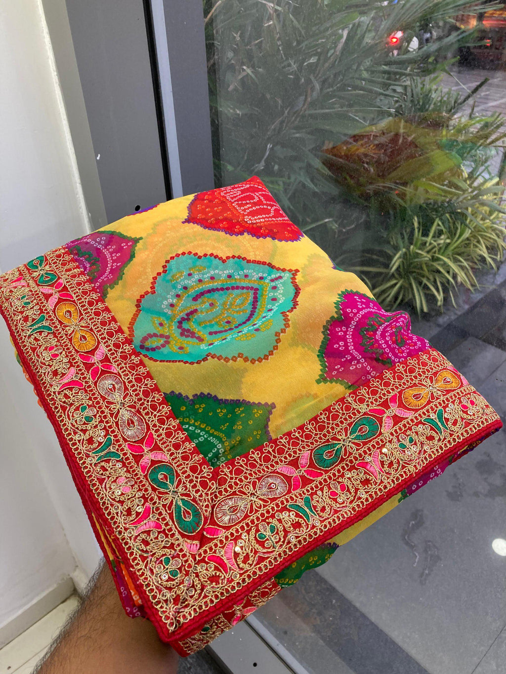 Rajwadi Bandhej Print Georgette Saree | Heavy Embroidered Lace Border, Silk Blouse Piece