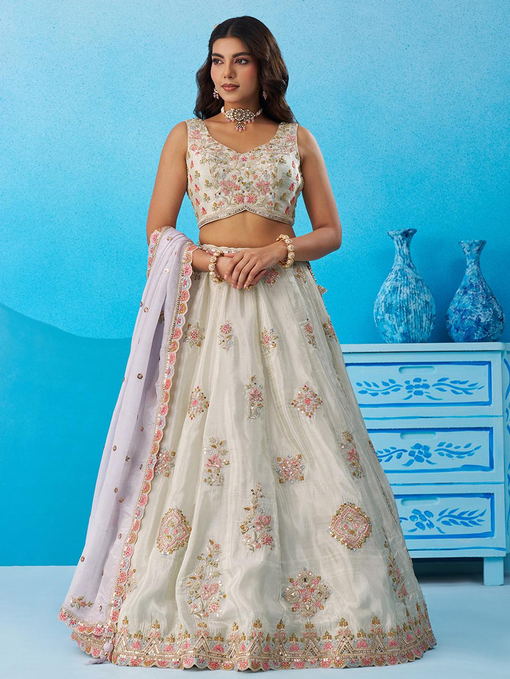 Peach Tissue Lehenga Choli, Zari Embroidery, Sky Dupatta, Wedding Party Wear