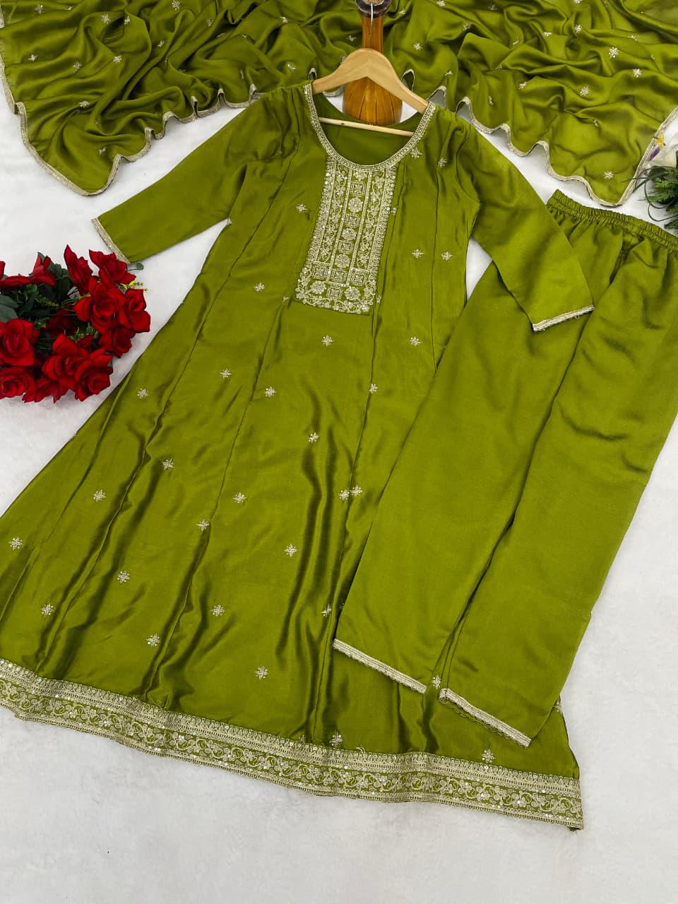 Embroidered Vichitra Silk Kurta Pant Set, 48 Inch Festive Ethnic Wear (M-3XL)