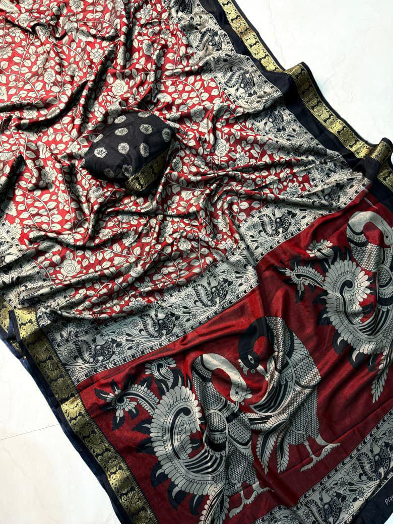 Soft Black Dola Silk Saree with Pen Kalamkari Art