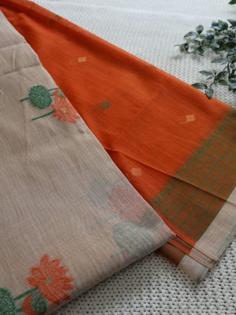 Muga Silk Saree, Floral Weaving, Pichwai Style Pallu, Contrast Blouse Piece