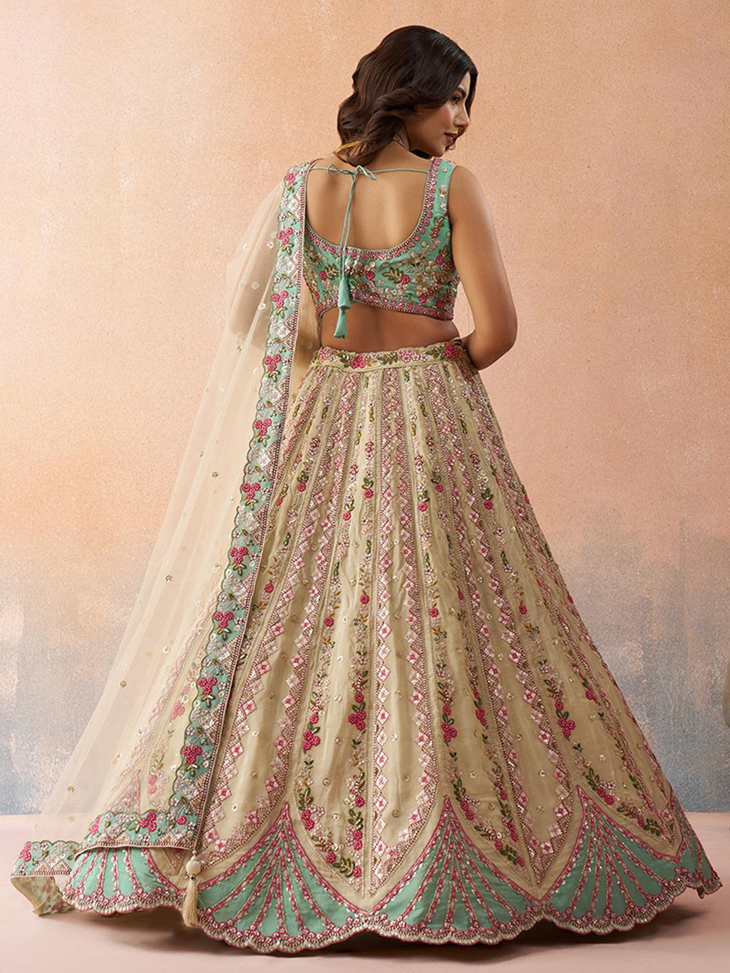 Cream Tissue Lehenga Choli Set, Sequins Embroidery, Wedding Party Wear