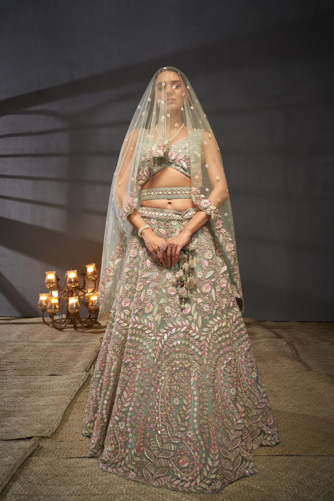 Cream Net Lehenga Choli Set | Multicolor Sequins Zarkan Embroidery, Bridal Wear