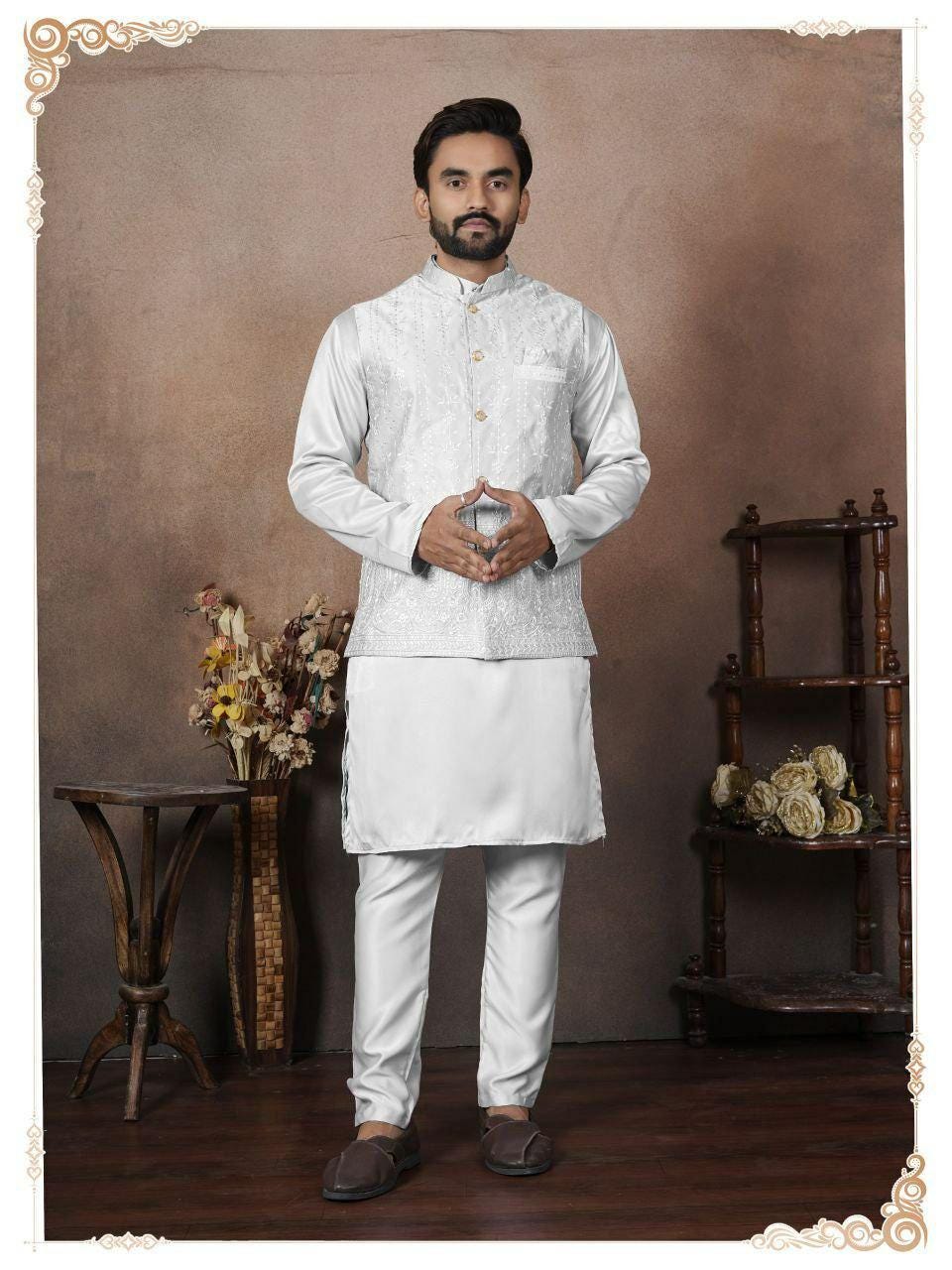 Men's Malai Satin Kurta Koti Pyjama Set, Wedding Ethnic Party Wear