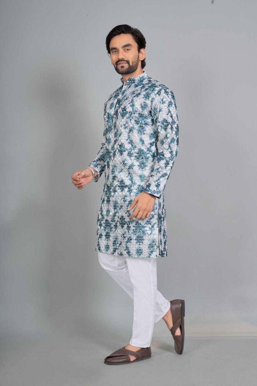 Men's Digital Print Rayon Kurta Pajama Set | Traditional Indian Ethnic Wear, Festive, Wedding, Casual