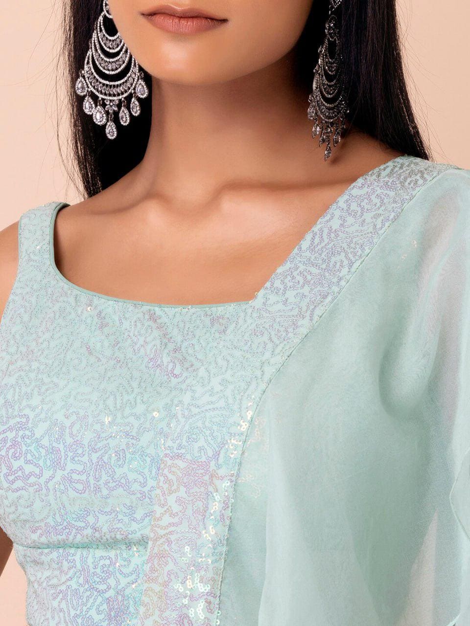 Icy Aqua Heavy Georgette Lehenga Choli | Sequin Embroidered Ruffle Dupatta, Wedding Wear