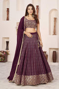 Wine Georgette Lehenga Choli Set | Zari Sequins Embroidery, A-Line Party Wear