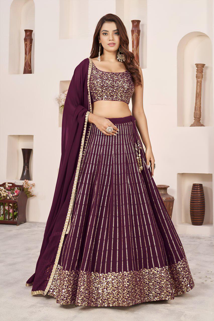 Wine Georgette Lehenga Choli Set | Zari Sequins Embroidery, A-Line Party Wear