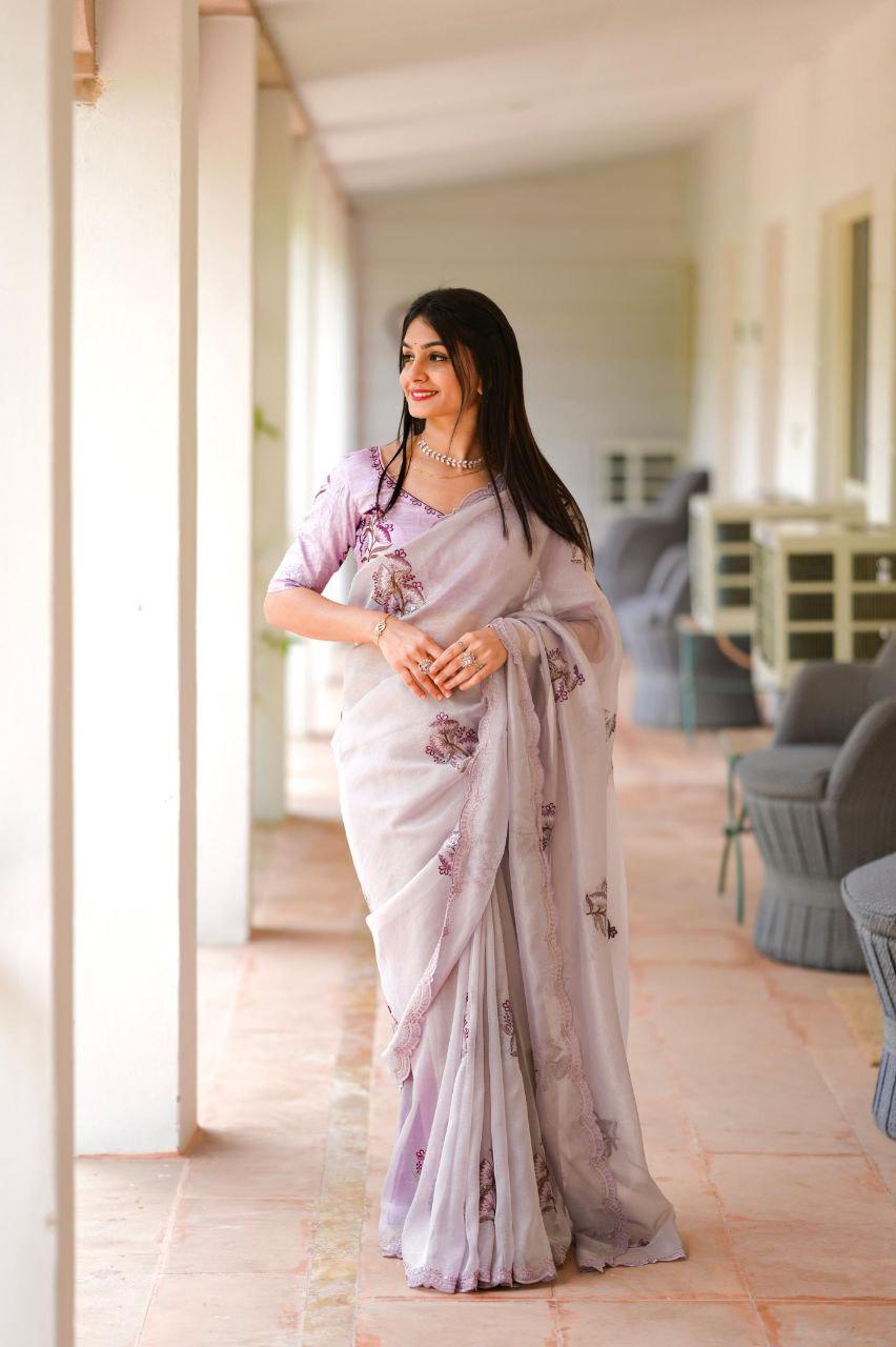 Jute Organza Saree, Multicolor Thread Embroidery, Cutwork Border, Sequin Blouse Piece