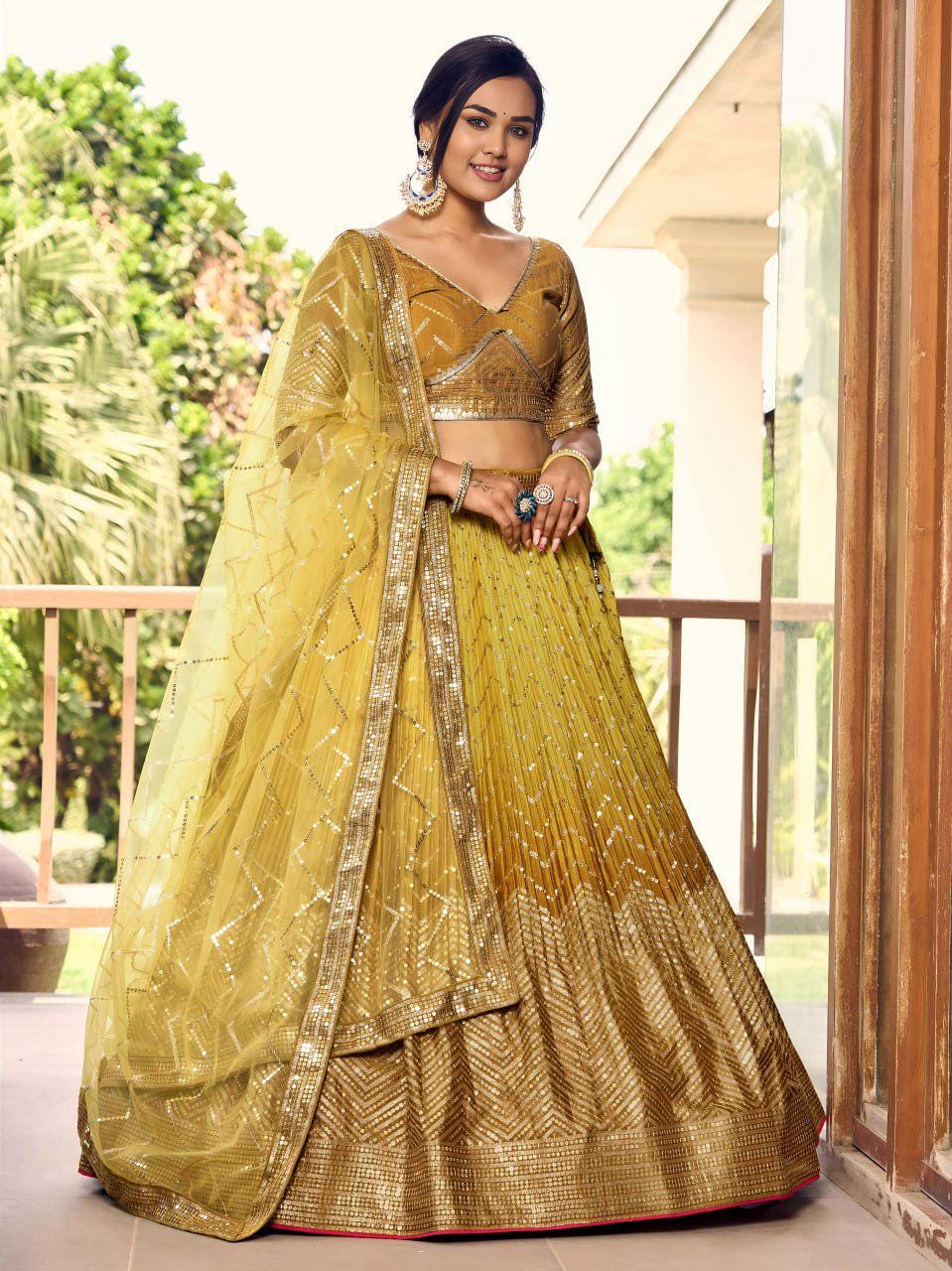 Mustard Gold Chinnon Lehenga Choli Set | Thread Sequin Embroidered Wedding Lehenga (Semi-Stitched)