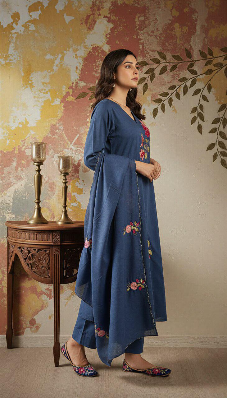 Embroidered Chanderi Silk Kurta Pant Set with Dupatta, Indian Ethnic Festive Wear