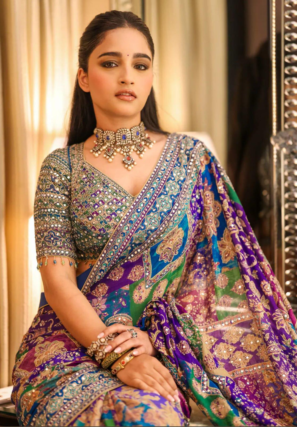 Chinon Silk Saree, Real Mirror Work, Printed Designer, Festive Party Wear (Unstitched Blouse)