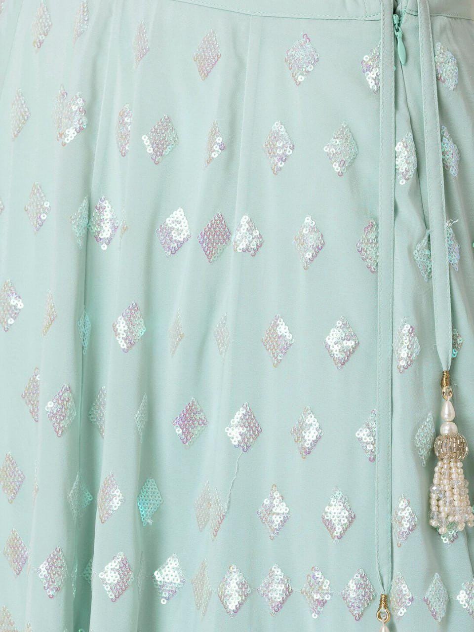 Icy Aqua Heavy Georgette Lehenga Choli | Sequin Embroidered Ruffle Dupatta, Wedding Wear