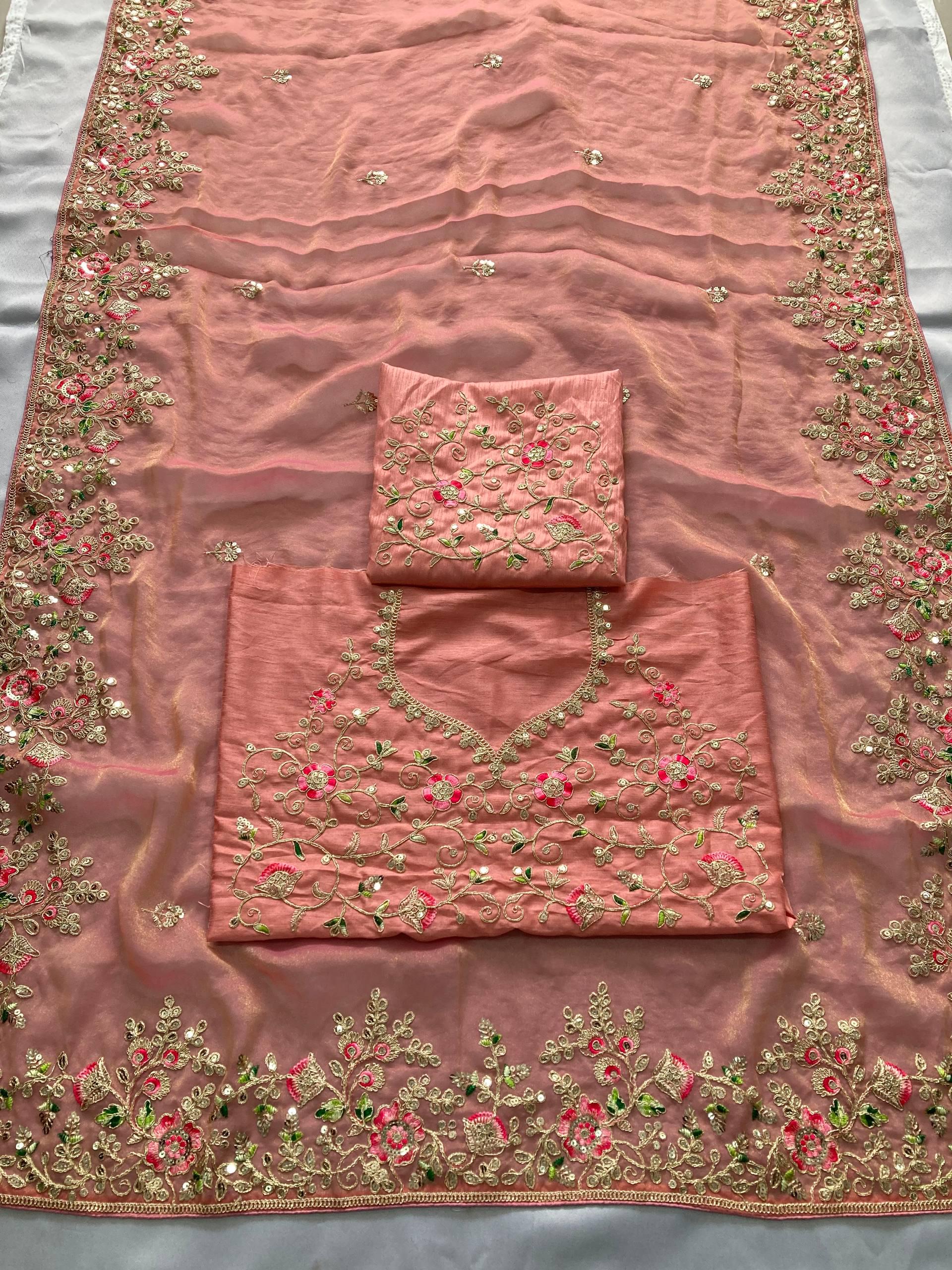 Moss Chiffon Embroidered Saree, Cutwork Border, Banglory Silk Blouse, Festive Wear