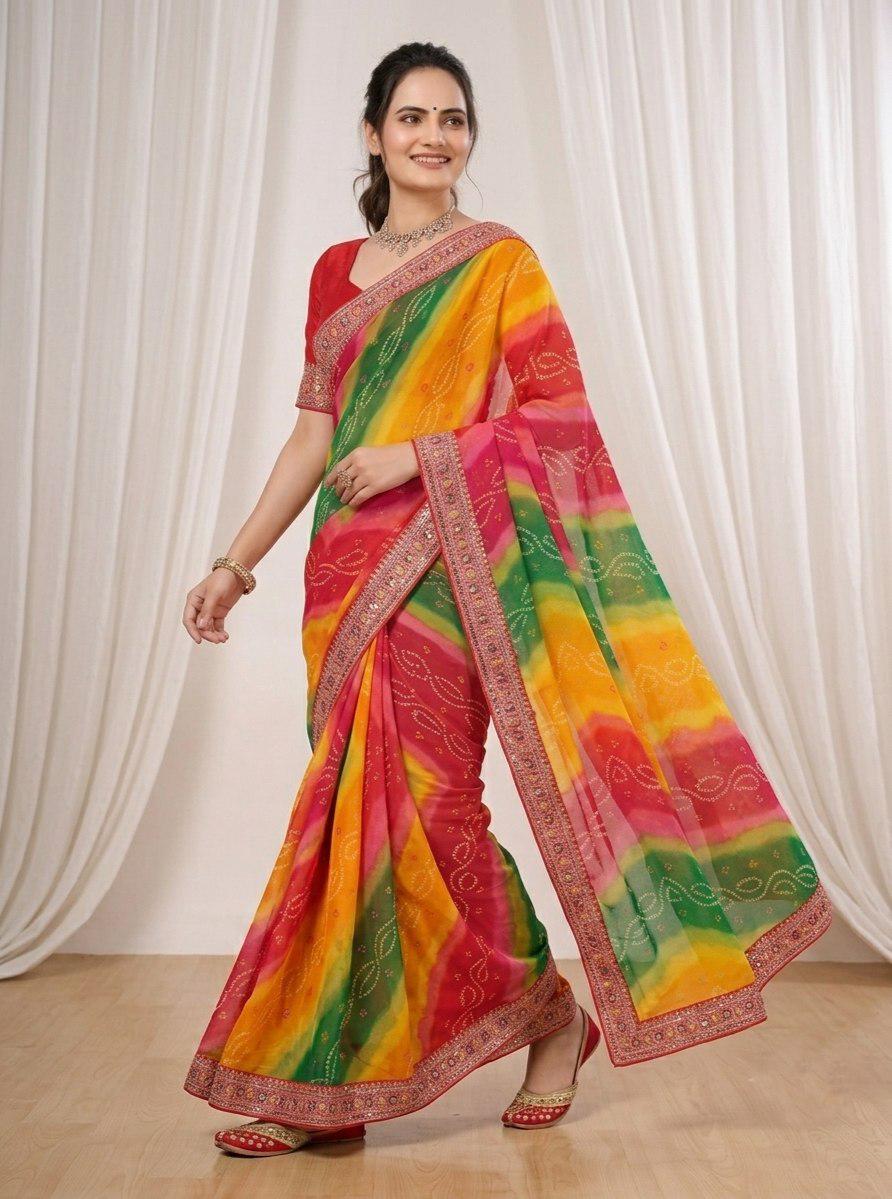 Digital Print Georgette Saree | Embroidered Lace Border, Silk Blouse (Digital Download)