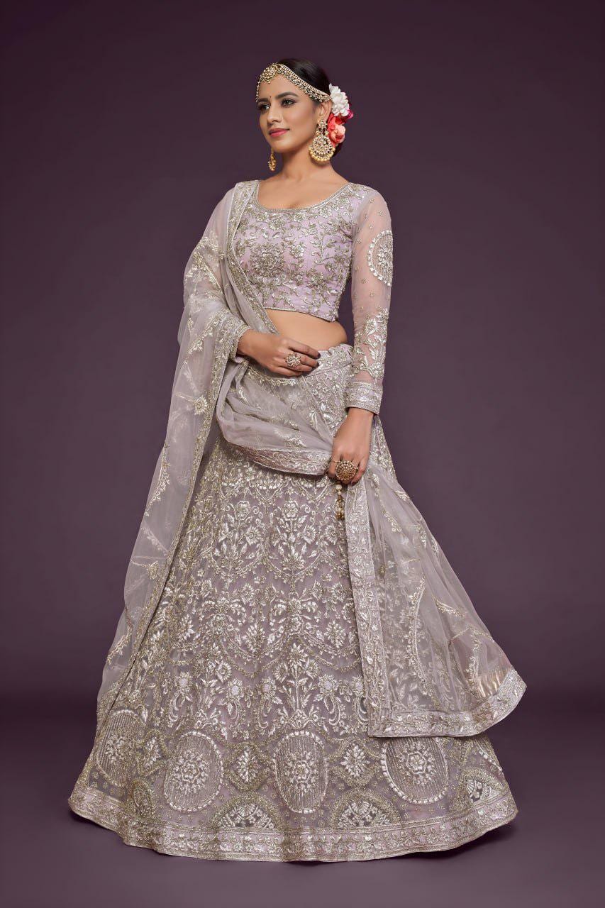Lavender Net Lehenga Choli Set, Zari Badla Glitter Embroidery, Semi-Stitched Wedding Dupatta