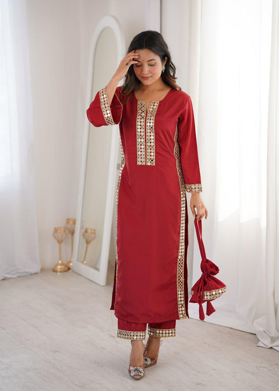 Mirror Work Kurti Pant Set with Batwa Bag, Natural Crepe Ethnic Outfit
